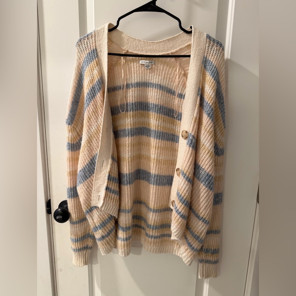 American Eagle Outfitters Cream and Blue Striped Cardigan